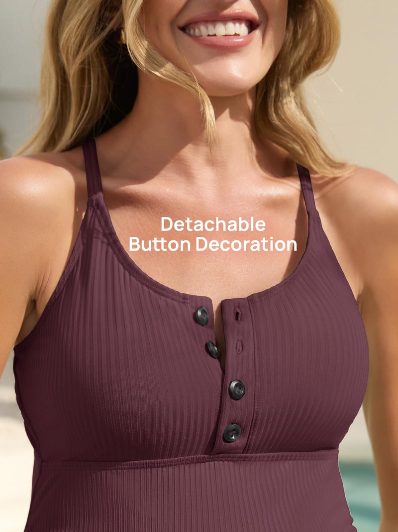 Summer Mae Maternity Swimsuit One Piece Bathing Suit Button Neck Cross Back Wine XL - Image 4